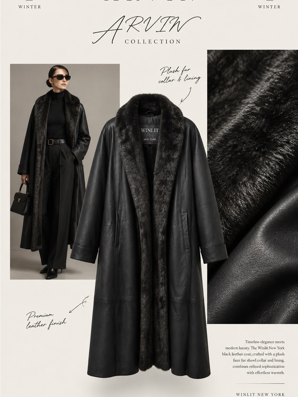 Winlet New York Black Leather Long Coat with Plush Fur Trim